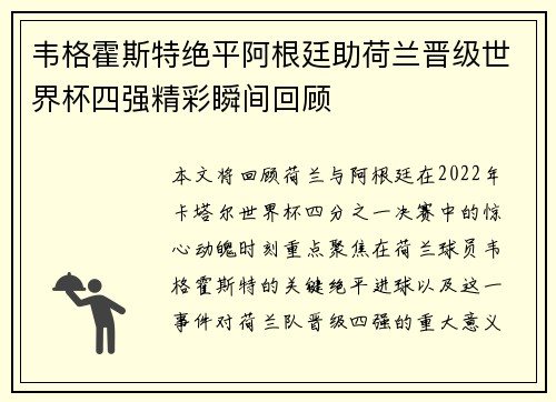 韦格霍斯特绝平阿根廷助荷兰晋级世界杯四强精彩瞬间回顾